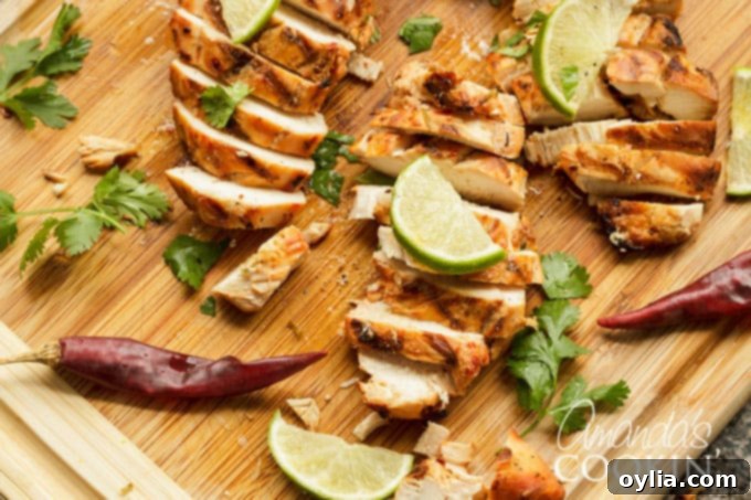 Perfectly cooked and sliced Chile Lime Chicken, ready to be served.