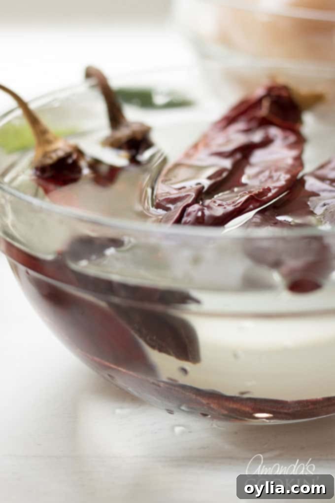 Step-by-step: Rehydrate dried red chiles in hot water.