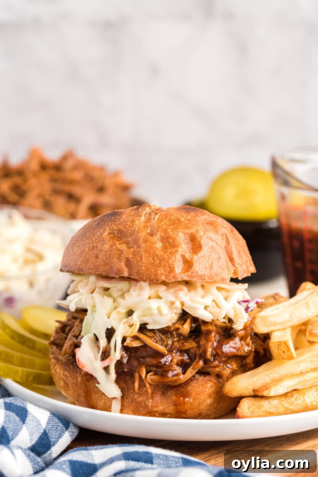 Easy Slow Cooker Pulled Pork 13 Plated Slow Cooker Pulled Pork sandwich with a side of golden fries