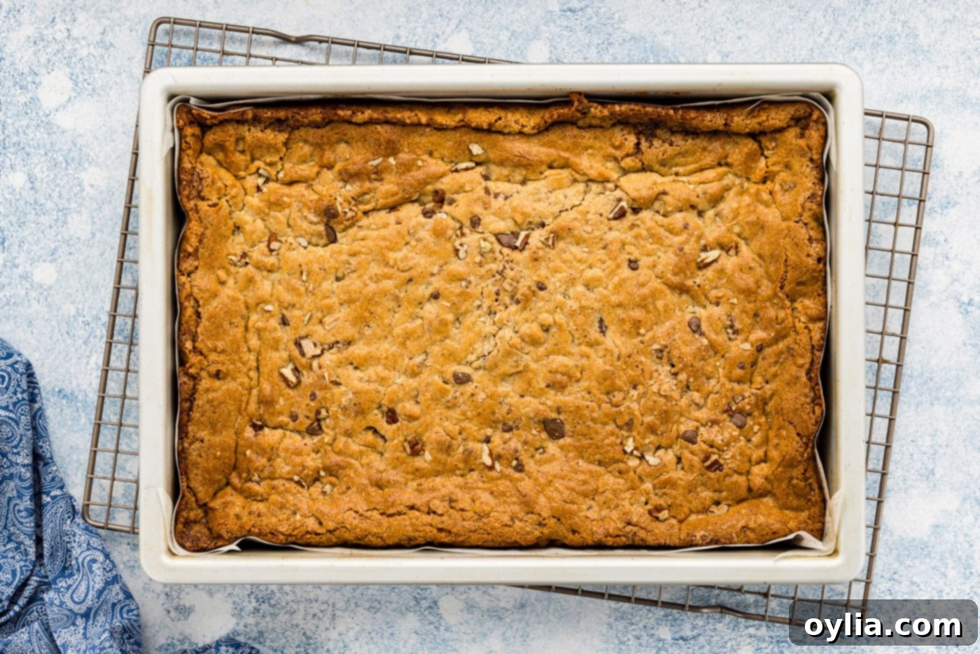 overhead of baked brown butter toffee blondies in a pan
