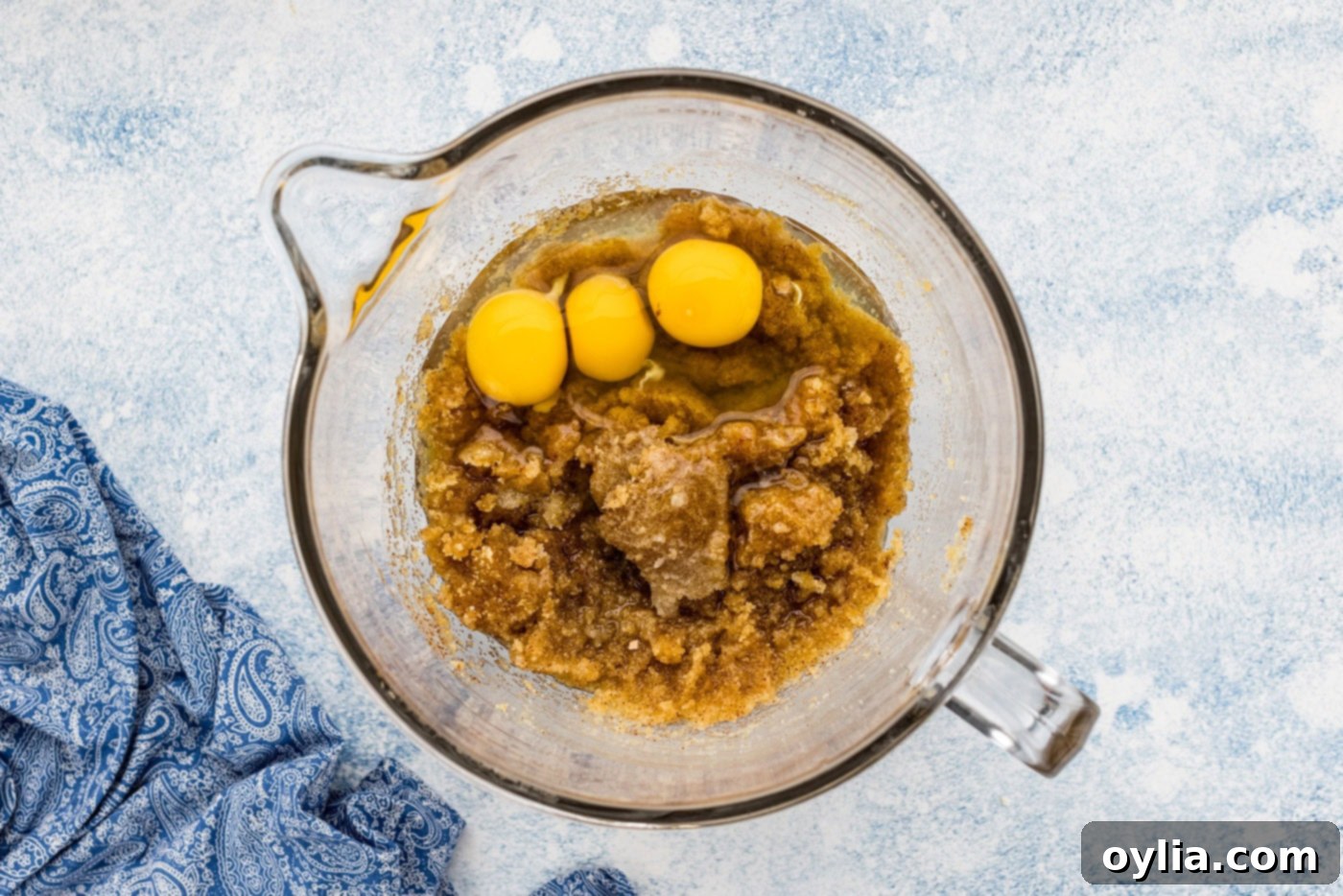 eggs added to browned butter sugar mixture