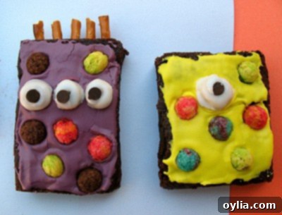 Assorted close-ups of decorated monster brownies showcasing various facial expressions and cereal accents