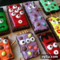 A close-up photo of several monster brownies, highlighting their fun and spooky decorations.