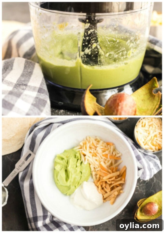 Close-up of avocado, onion, lemon juice, salt, and garlic powder in a food processor