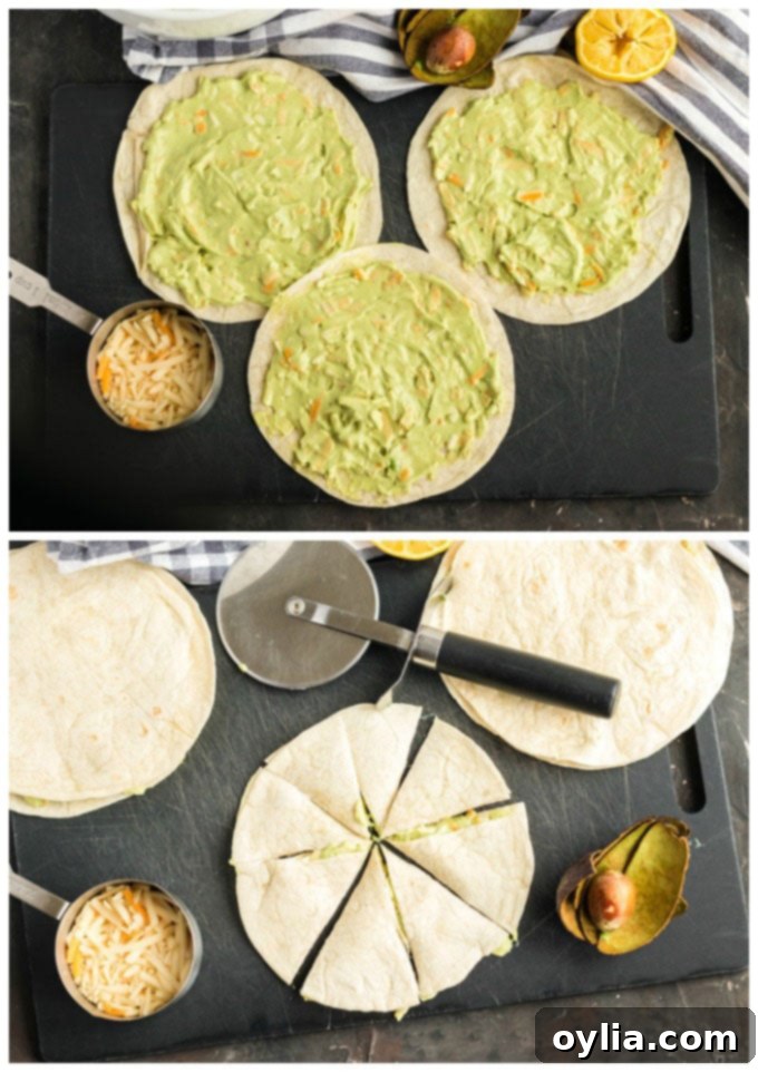 Avocado and cheese mixture spread evenly onto warm flour tortillas