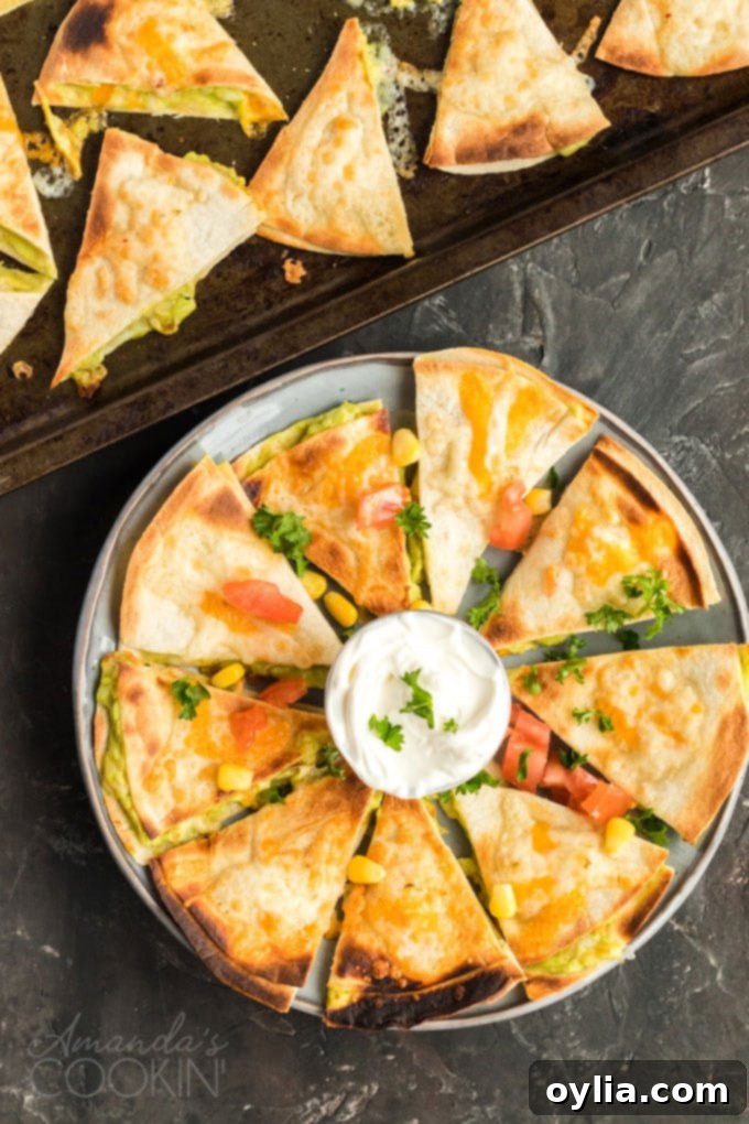 A plate filled with golden-brown, triangular Quesados, a delicious Mexican appetizer, garnished for serving