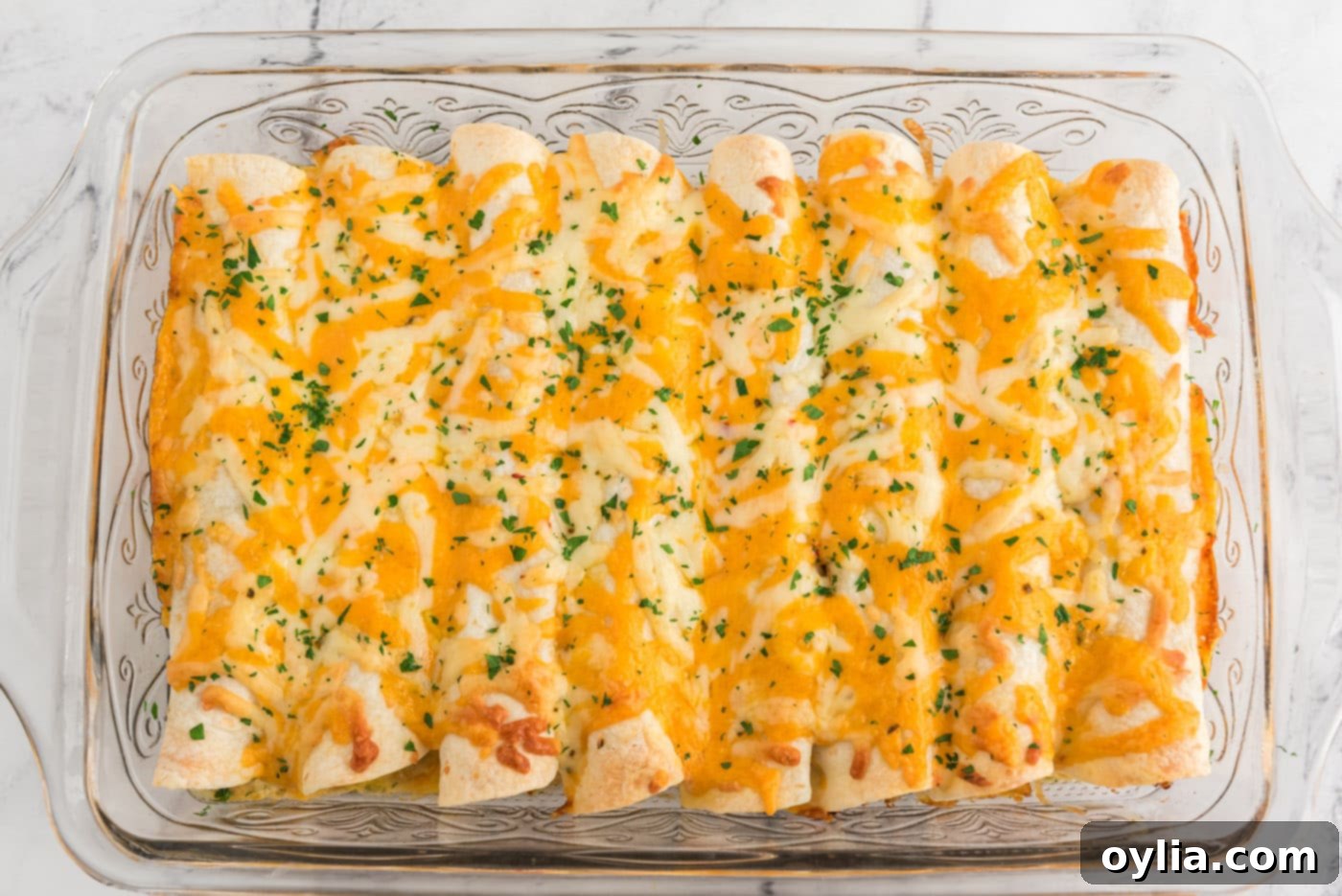 Baked Shredded Chicken and Green Chile Enchiladas in a baking dish, fresh from the oven