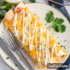 Two Shredded Chicken and Green Chile Enchiladas on a plate with a fork and knife, ready to be enjoyed.