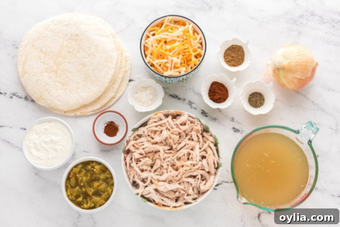 Fresh ingredients for making Shredded Chicken and Green Chile Enchiladas laid out on a counter