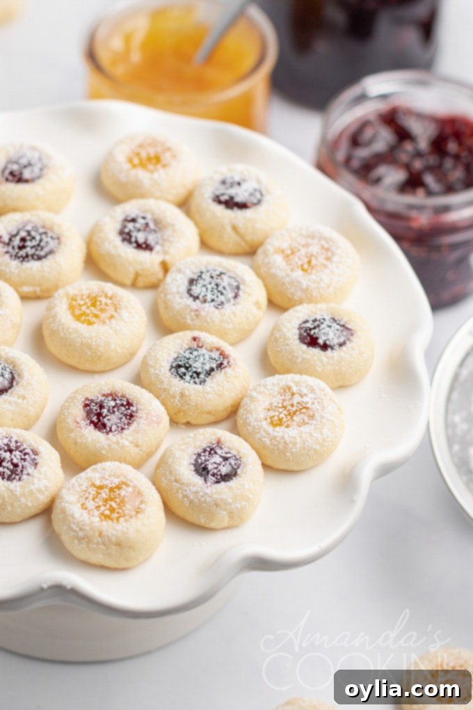 A plate full of beautifully arranged jam thumbprint cookies, showcasing their golden edges and vibrant fruit centers, ready to be enjoyed during the holidays.