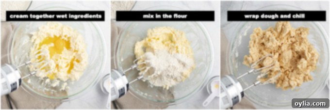 A step-by-step photo showing the cookie dough being mixed in a bowl, illustrating the initial stages of preparing the thumbprint cookies.