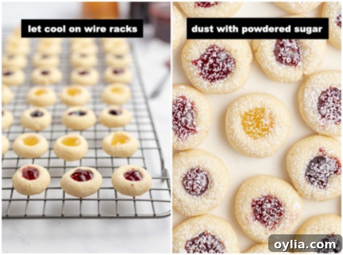 A step-by-step photo showing thumbprint cookies freshly baked and dusted with powdered sugar, adding a delicate finish.