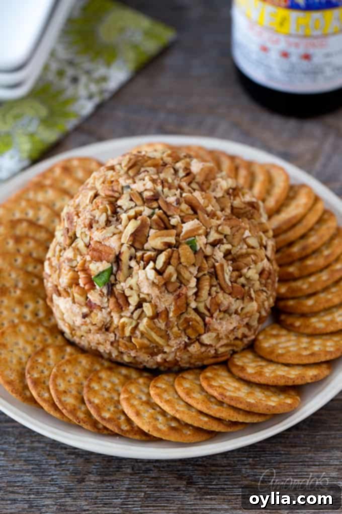 Smoked Gouda & Sun-Dried Tomato Cheese Ball on a platter surrounded by an assortment of crackers and fresh herbs, ready to be served at a party.