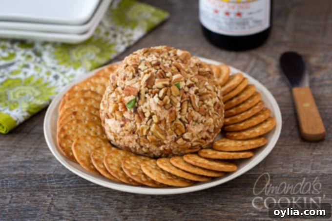 A beautifully presented Gouda and Sun-Dried Tomato Cheese Ball on a white plate, garnished with fresh chives and surrounded by various crackers.