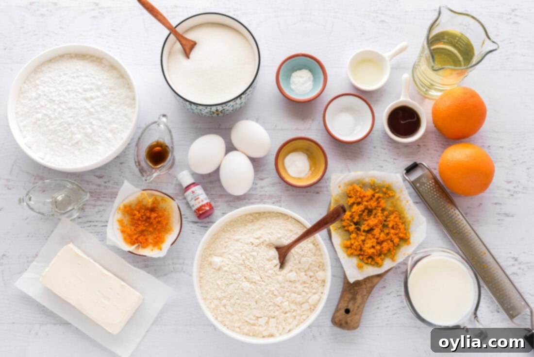 Sunshine Orange Creamsicle Cupcakes 4 A flat lay photograph showing all the ingredients neatly laid out for Orange Creamsicle Cupcakes preparation.