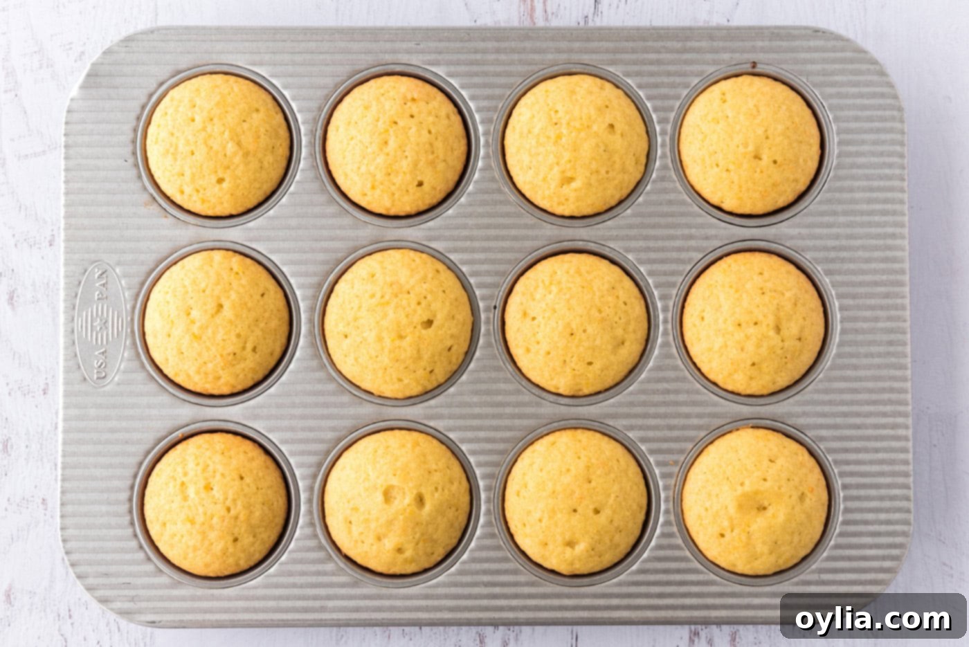 Freshly baked orange creamsicle cupcakes cooling in a pan, with their golden-brown tops and perfectly risen domes.