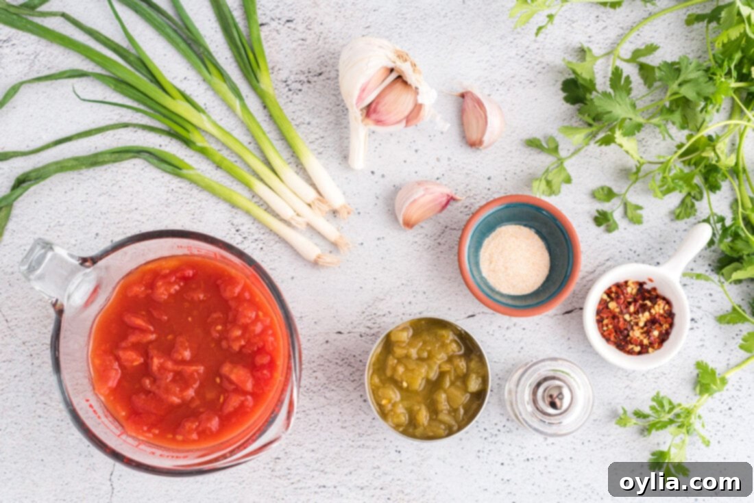 A collection of fresh and canned ingredients including canned tomatoes, green chiles, cilantro, green onions, and garlic, laid out for making Restaurant Style Salsa.
