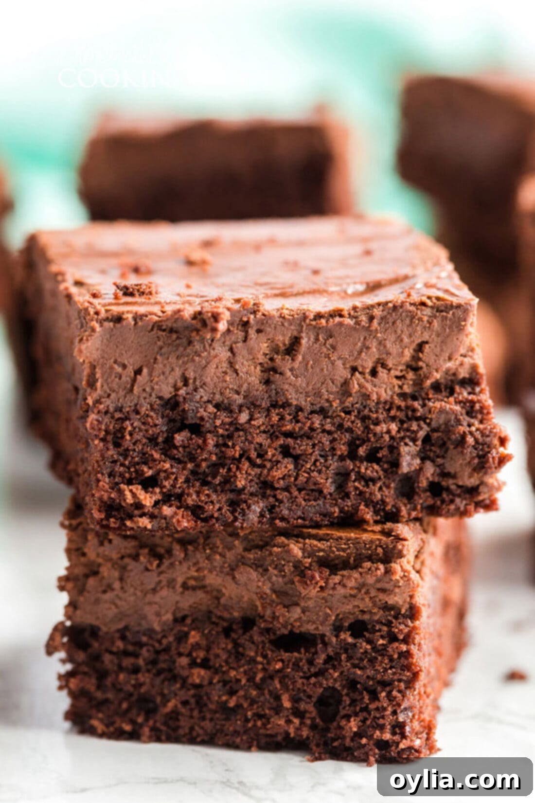 Two Chocolate Cheesecake Brownies stacked on top of each other, showcasing their distinct layers