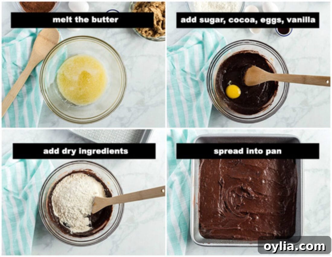 Illustrated steps for making the fudgy brownie layer, showing ingredients being mixed