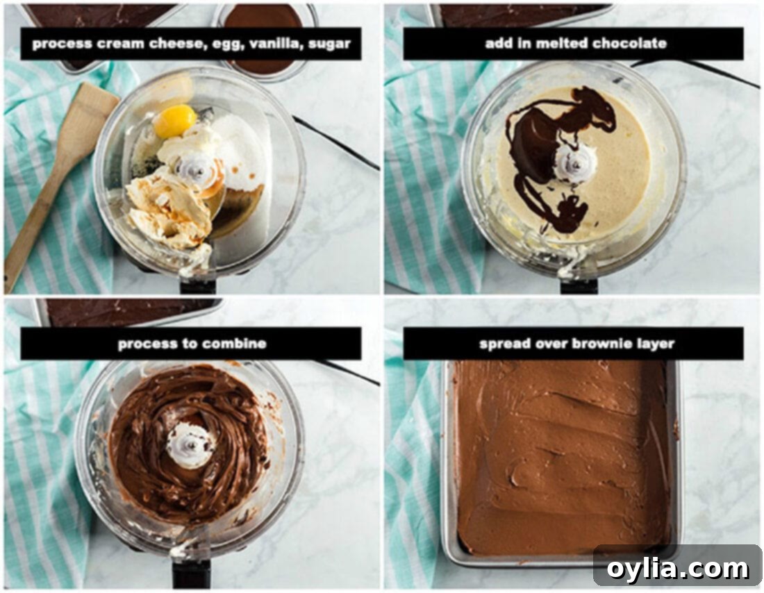 Illustrated steps for making the creamy cheesecake layer, showing ingredients blended in a food processor