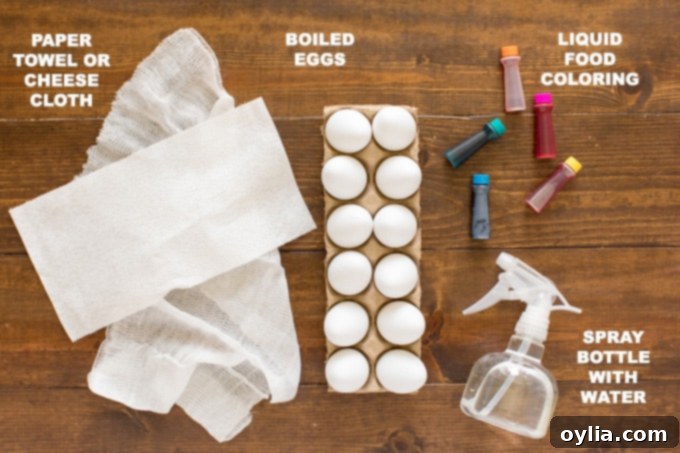A collection of tie-dye Easter egg supplies including various liquid food coloring bottles, cheesecloth, paper towels, and a spray bottle