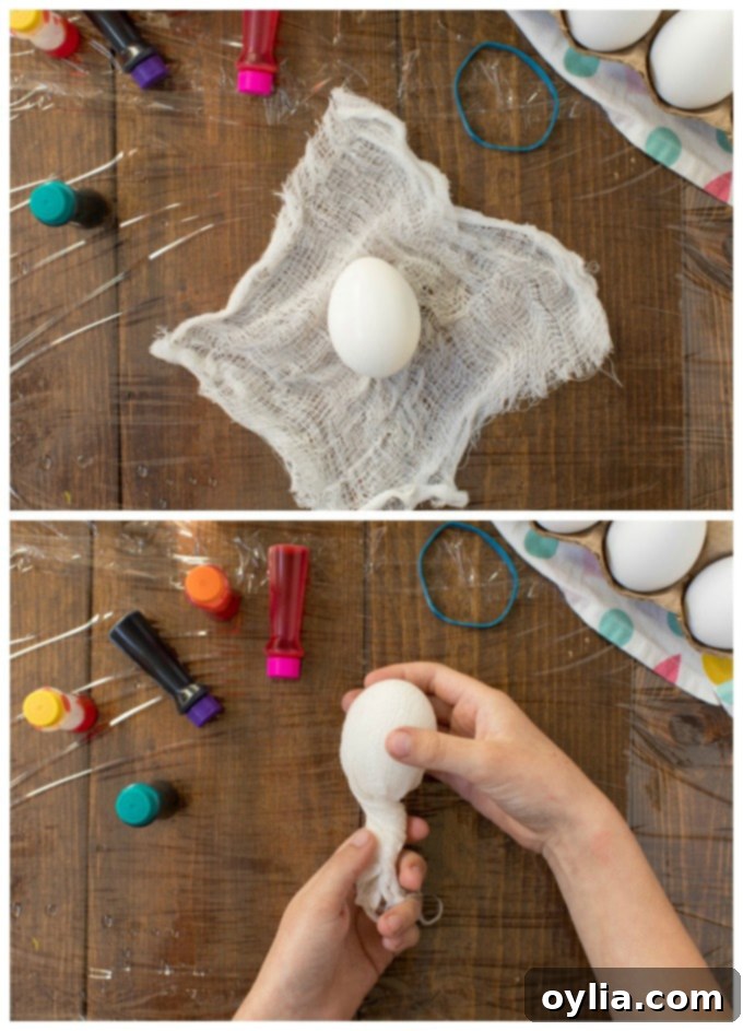 An egg being carefully placed into a damp piece of cheesecloth, preparing for tie-dyeing and wrapping