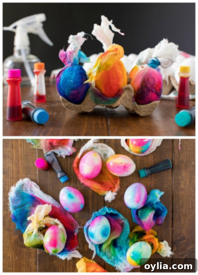Multiple cheesecloth-wrapped Easter eggs with vibrant food coloring applied, awaiting the water spray to blend the colors
