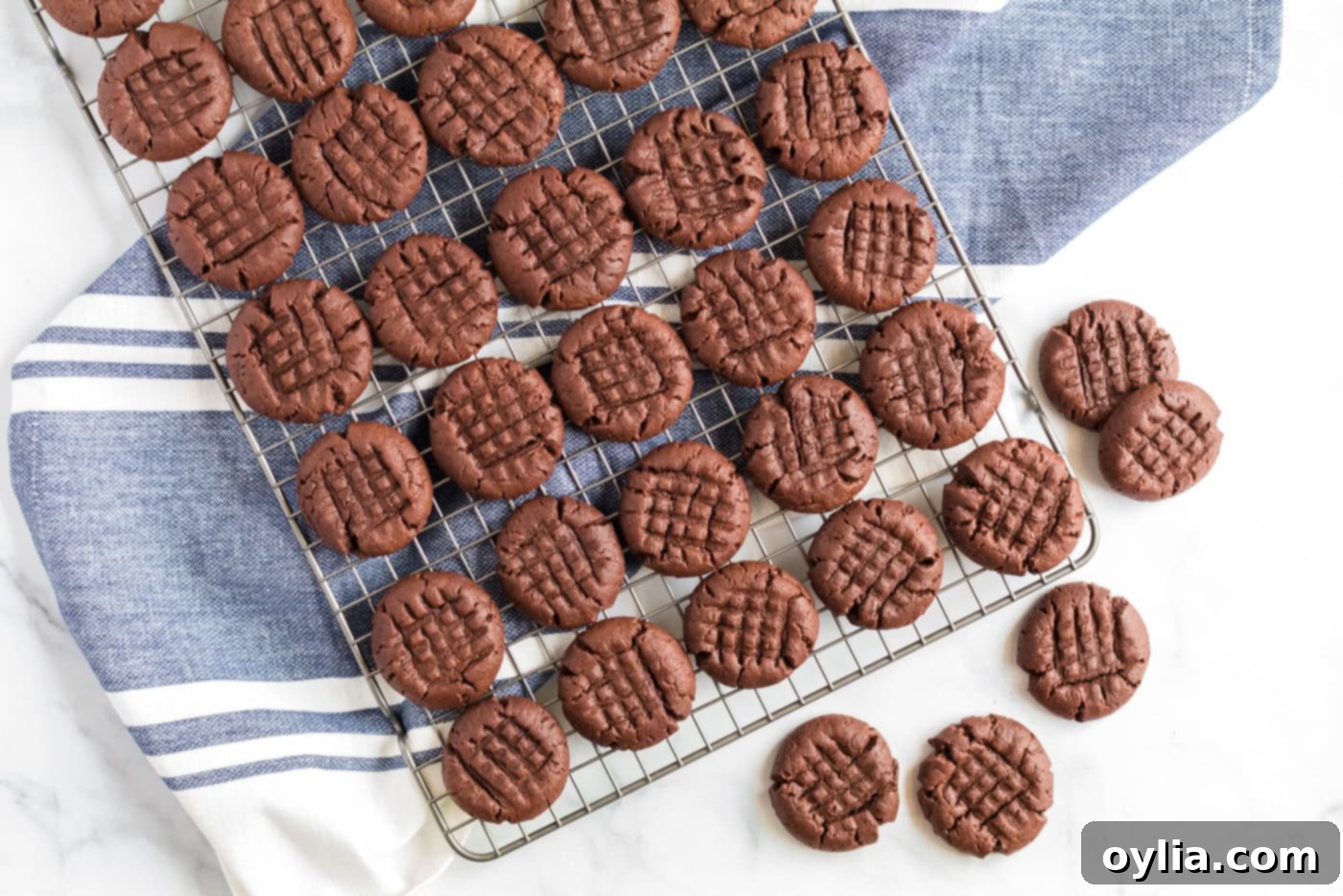 Chocolate Peanut Butter Cookies resting on a wire rack