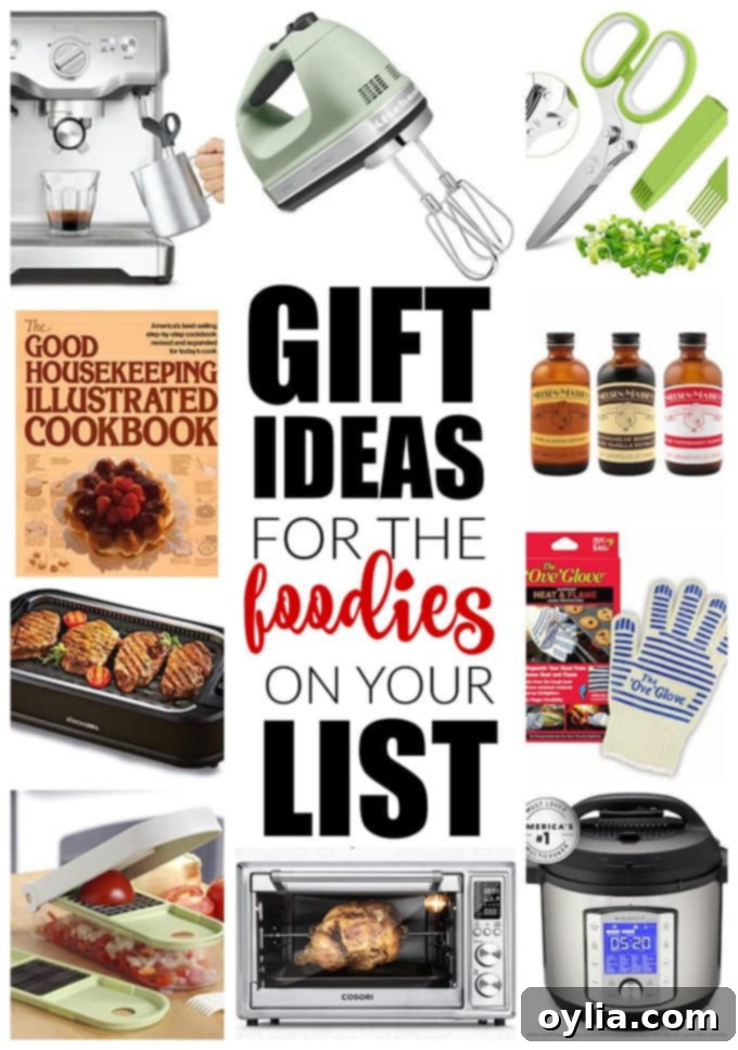 A collage of various foodie gift ideas including kitchen gadgets, cookbooks, and gourmet ingredients.