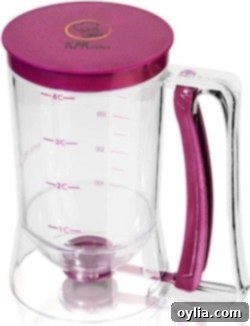 A pancake and cupcake batter dispenser product image, emphasizing its precise portioning.