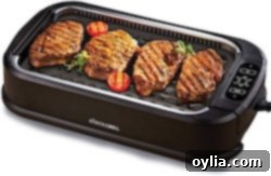 An indoor grill product image, highlighting its sleek design and smokeless feature.