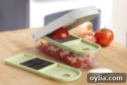 A compact food chopper product image, demonstrating its efficiency for dicing vegetables.