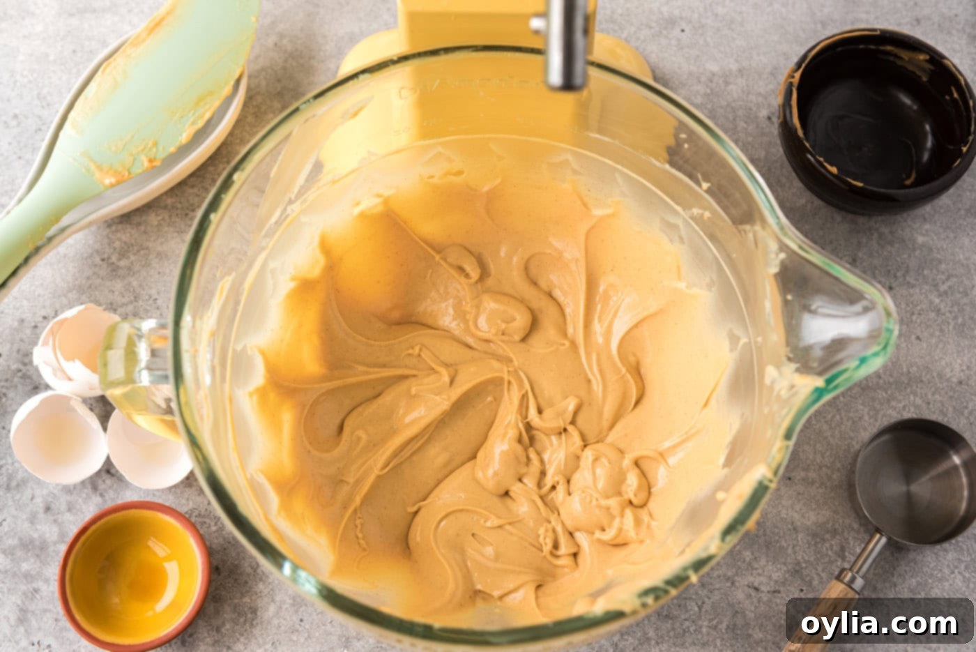 overhead shot of peanut butter cream cheese mixture in a bowl