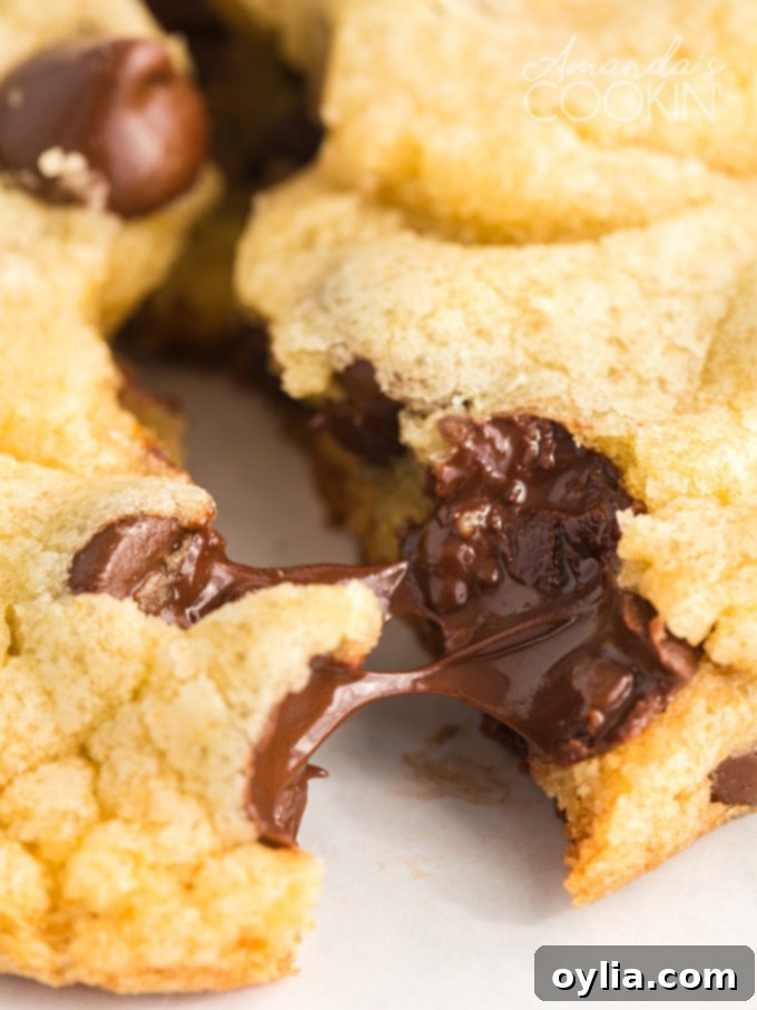 Close-up of a Chocolate Chip Pudding Cookie showing melted chocolate and a wonderfully soft interior.