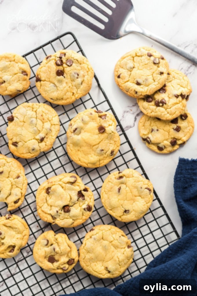 Freshly baked Chocolate Chip Pudding Cookies cooling on a wire rack, perfectly golden brown.