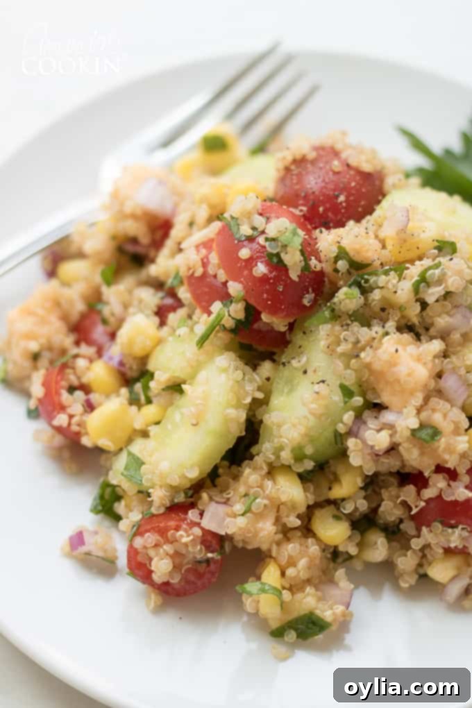 An overhead shot of a generous serving of Summer Vegetable Quinoa Salad.