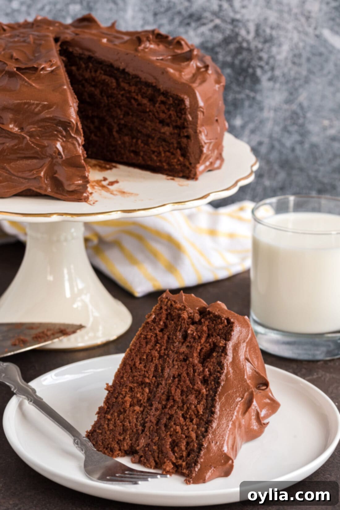 Nigellas Decadent Chocolate Fudge Cake 2 A generous slice of Nigella's Chocolate Fudge Cake on a white plate with a fork, showing the rich, dark chocolate layers and smooth fudge frosting. The rest of the glorious two-tiered cake is blurred in the background, ready to be enjoyed.