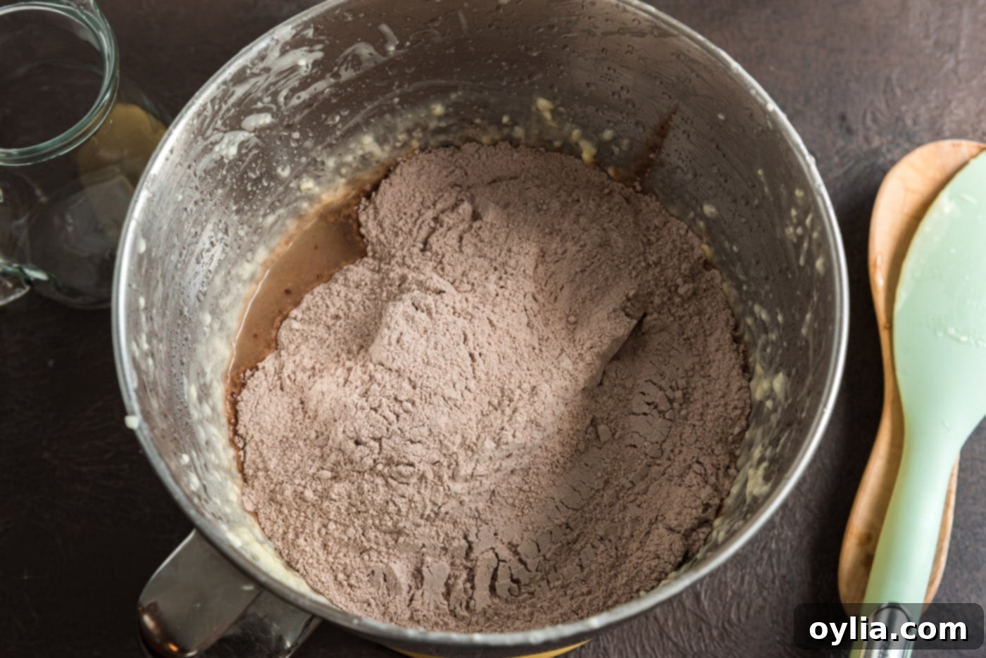 All the dry ingredients are being added to the butter mixture in the bowl of a stand mixer, beginning the process of combining the cake batter.