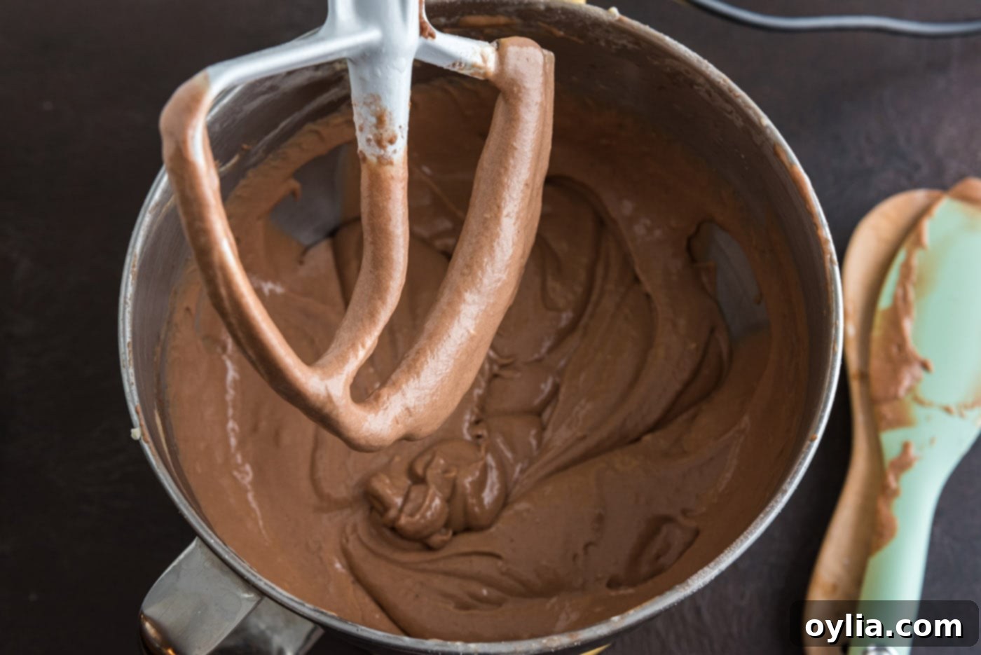 The finished, glossy chocolate fudge cake batter rests in the bowl of a stand mixer, perfectly smooth and ready to be transferred to cake pans.