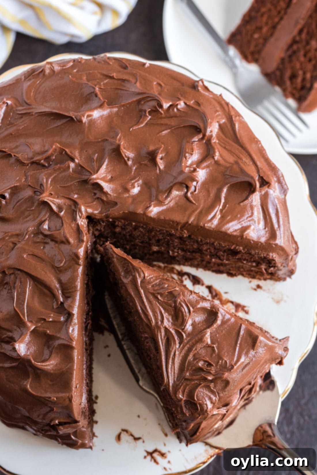Nigellas Decadent Chocolate Fudge Cake 3 An overhead view capturing a piece of Nigella's Chocolate Fudge Cake being carefully lifted from the main cake, showcasing the lush layers and thick fudge frosting.