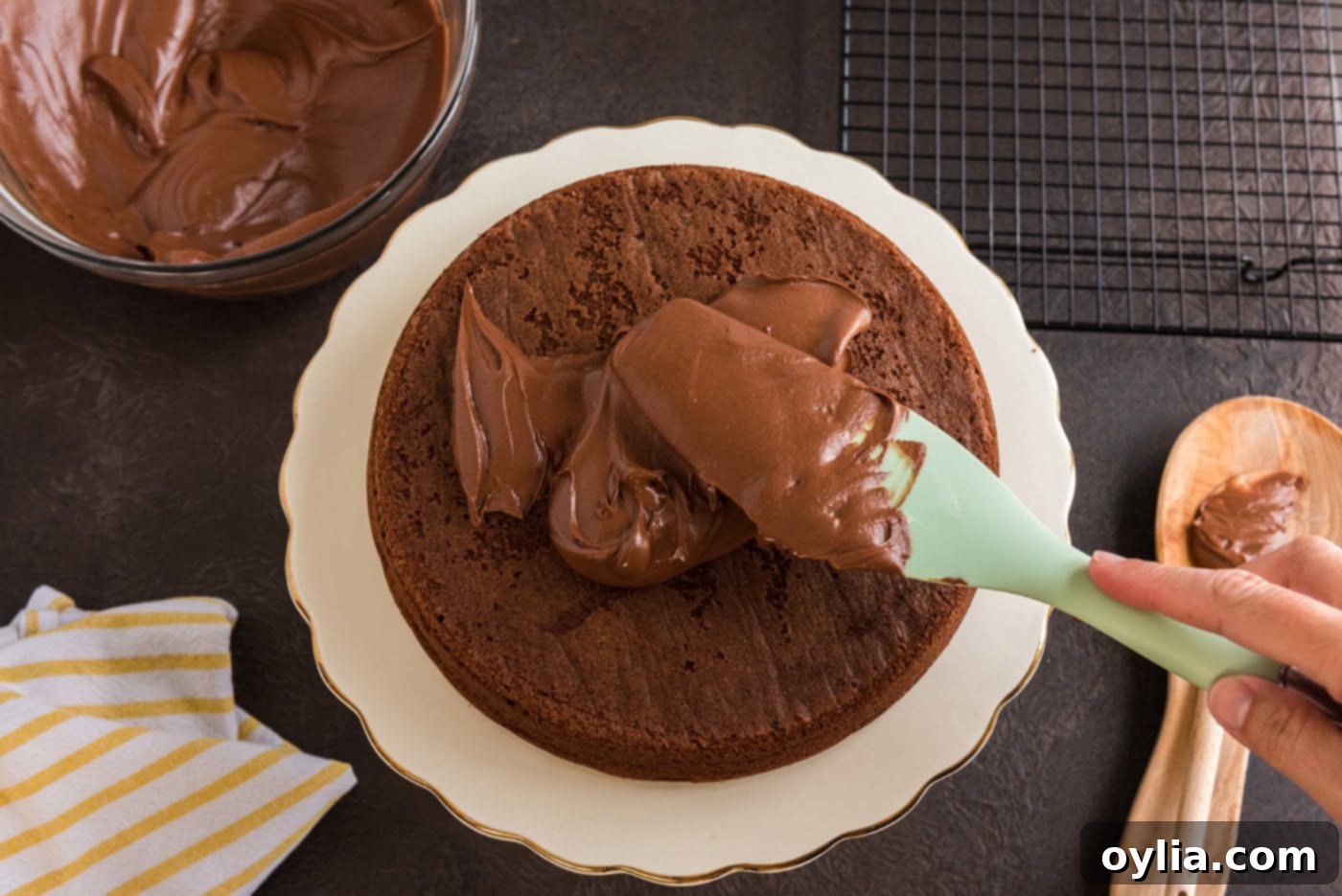 A rubber spatula is used to spread smooth chocolate fudge frosting over the top of a chocolate cake layer, creating an even, rich coating.