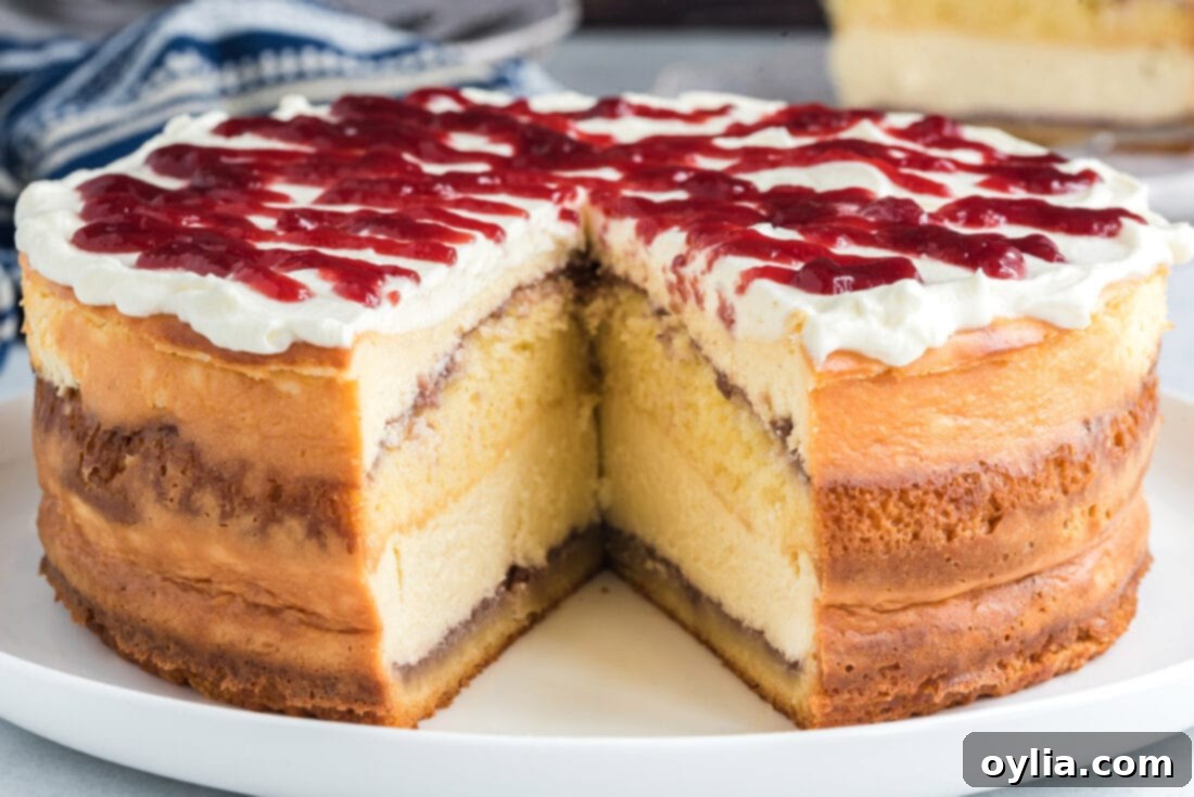 A whole English Trifle Cheesecake with one slice removed, showcasing the beautiful layers and creamy texture.