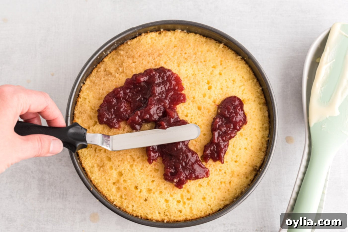 An icing spatula delicately spreading raspberry preserves over the second layer of yellow cake in the springform pan.