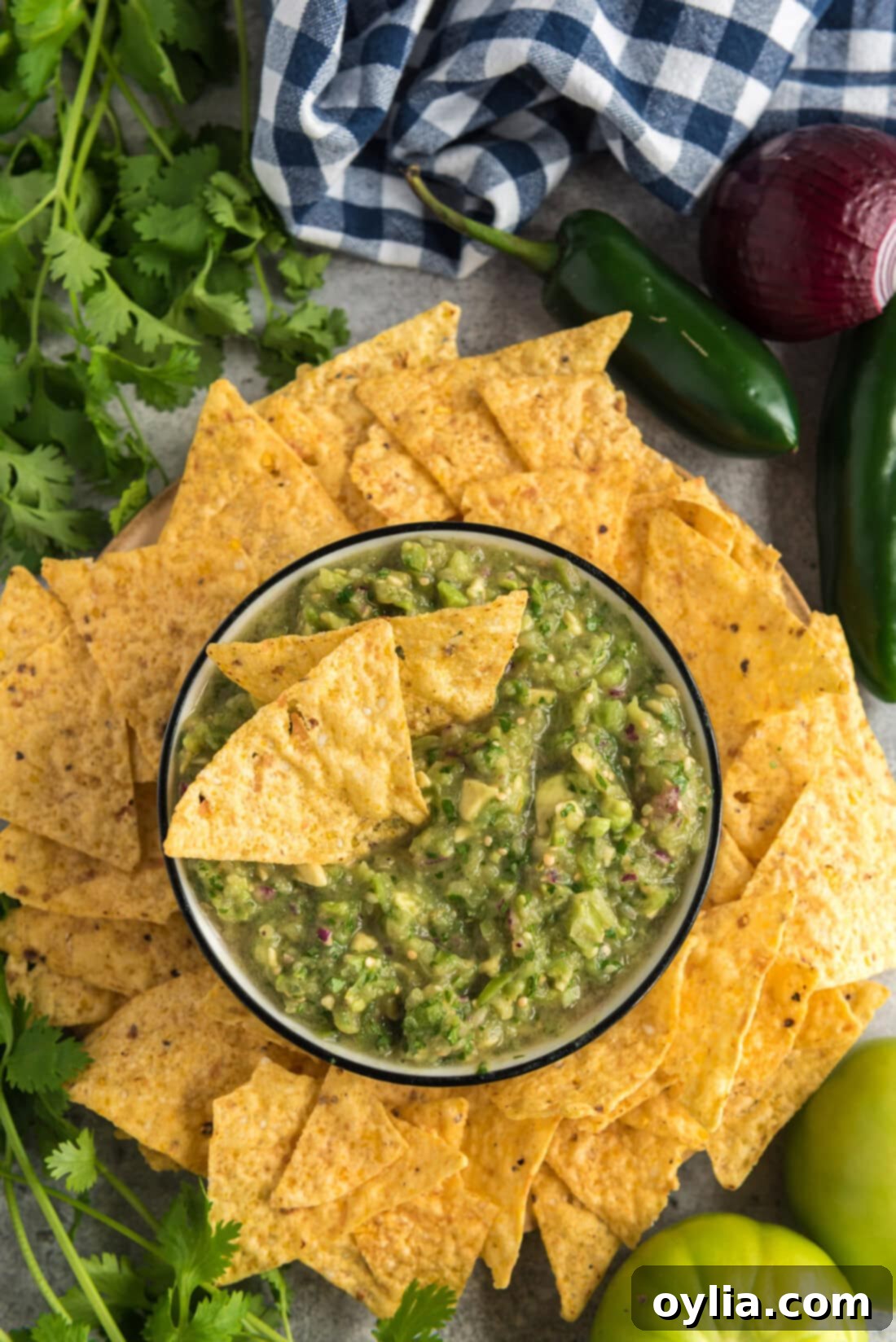 Overhead photo of a bowl of Tomatillo Onion Avocado Salsa with two chips in it