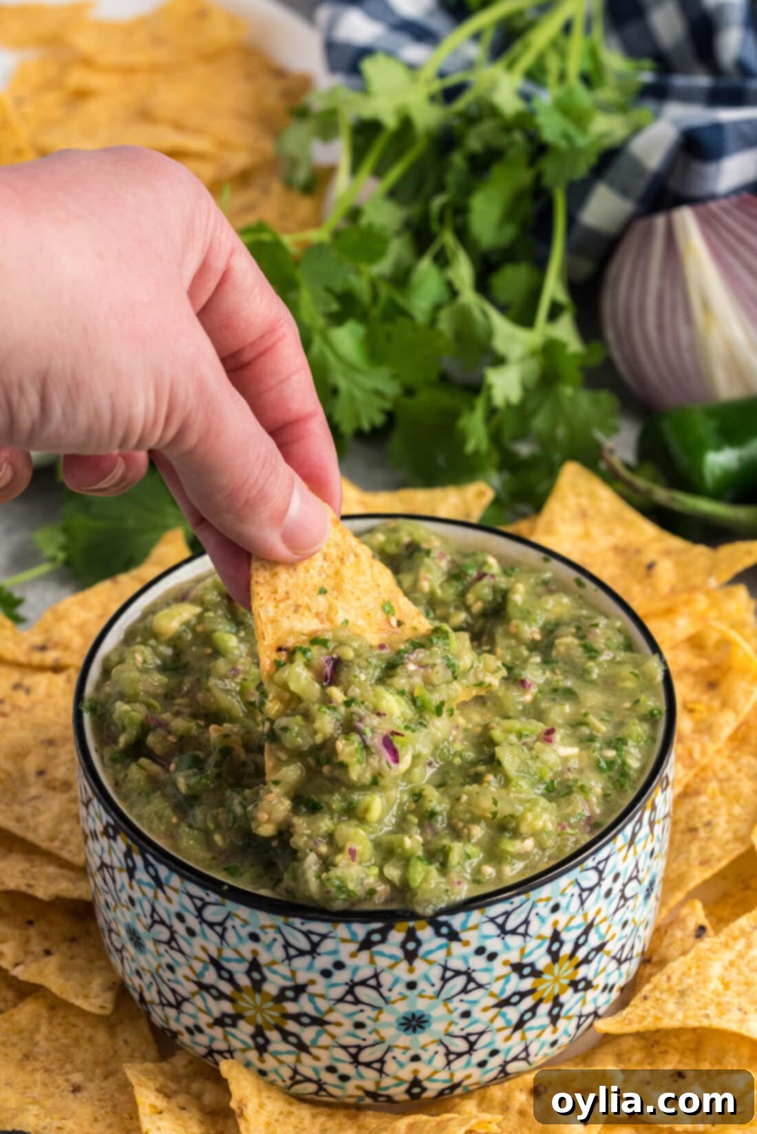 Hand scooping up some Tomatillo Onion Avocado Salsa with a tortilla chip