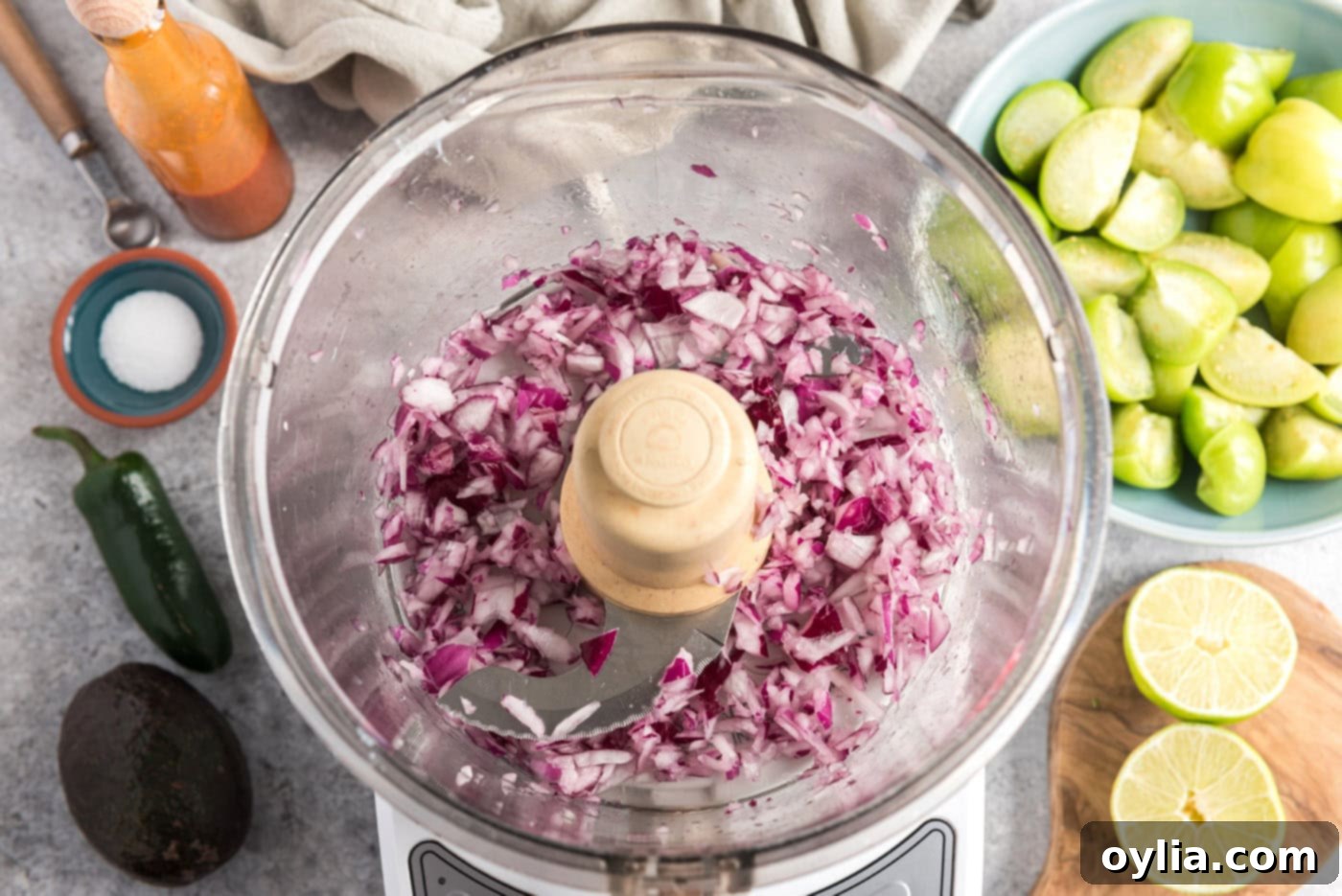 diced red onion in a food processor