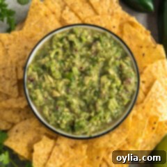 Bowl of Tomatillo Onion Avocado Salsa surrounded by tortilla chips
