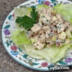 A photo of chicken salad on a piece of lettuce.