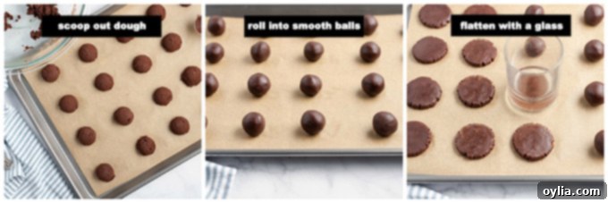 steps for rolling and flattening chocolate mint cookie dough balls
