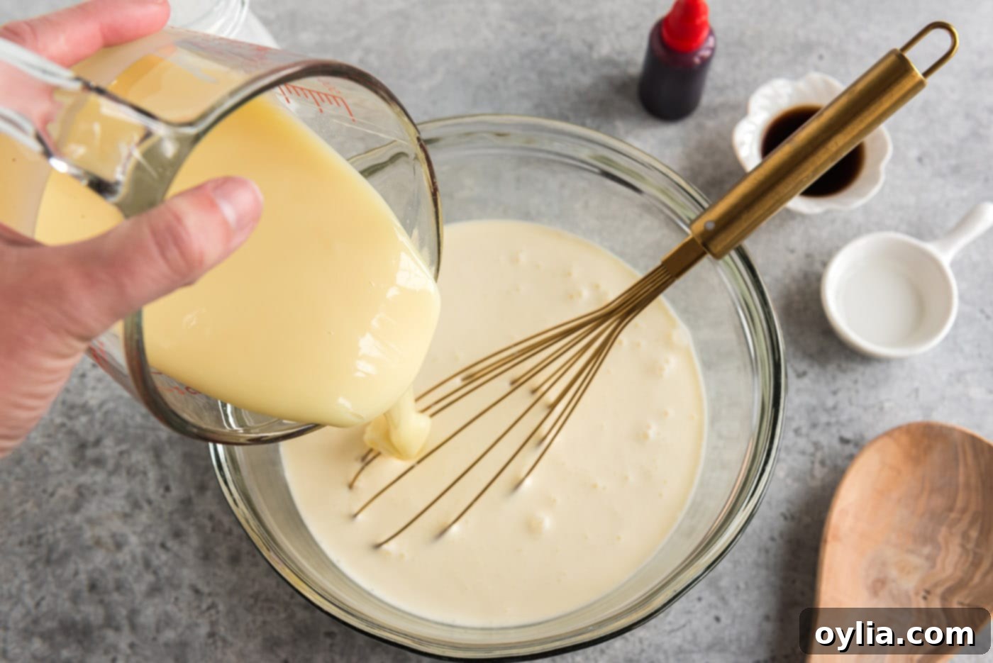 Pouring sweetened condensed milk into the ice cream mixture, initiating the mixing process for the base.